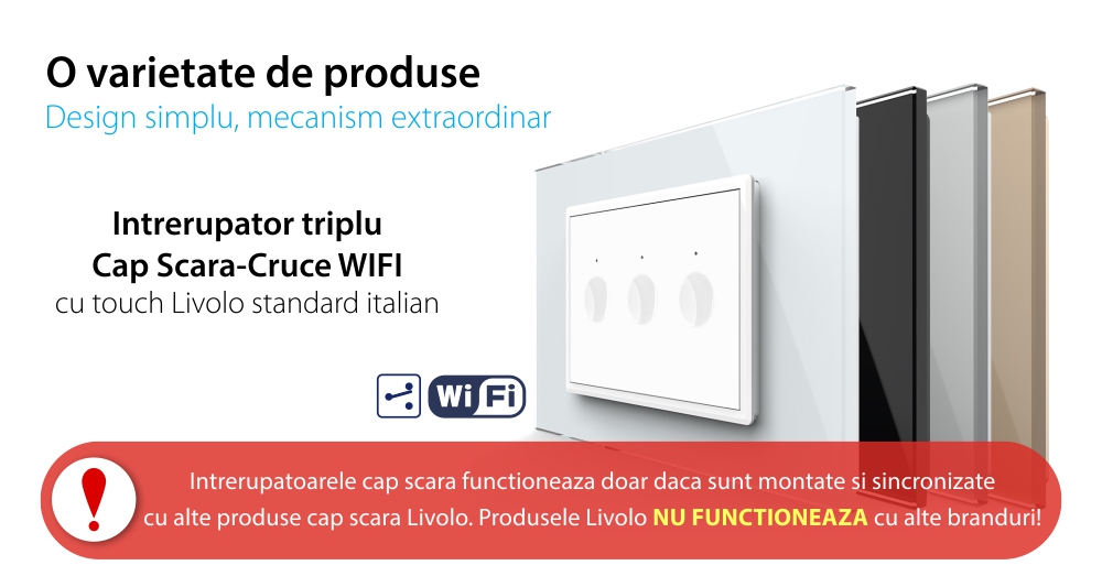 Intrerupator Triplu Cap Scara / Cruce Wi-Fi cu Touch LIVOLO, standard italian – Serie Noua, Alb