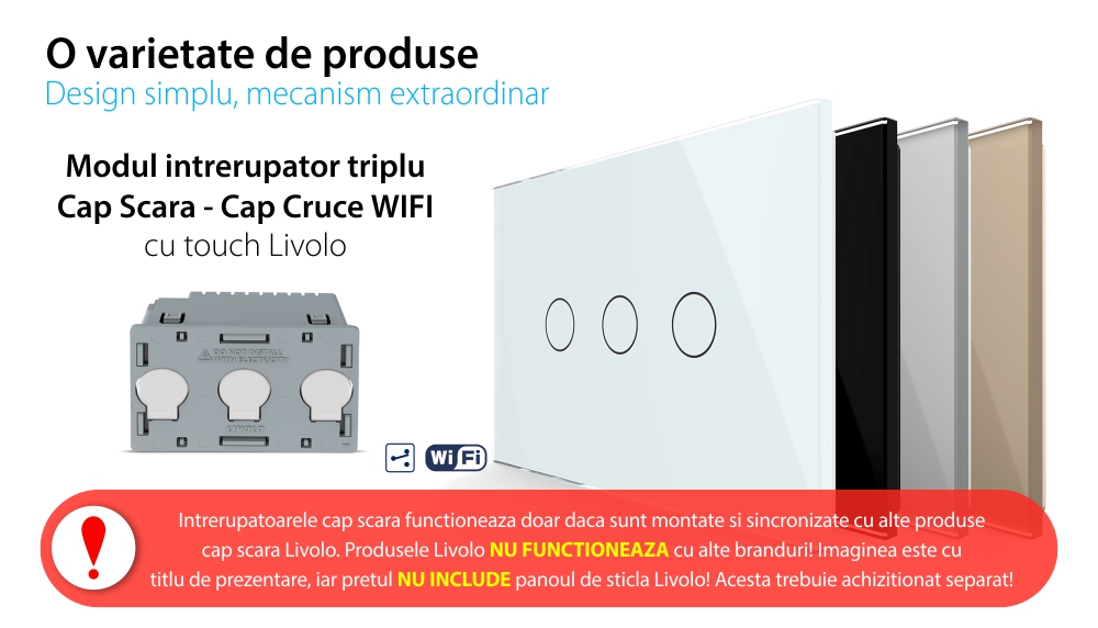 Modul Intrerupator Triplu Cap Scara / Cruce Wi-Fi cu Touch LIVOLO, standard italian – Serie Noua