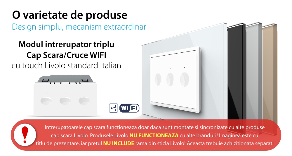 Modul Intrerupator Triplu Cap Scara / Cruce Wi-Fi cu Touch LIVOLO, standard italian – Serie Noua, Alb