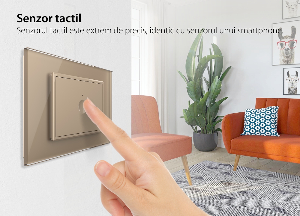 Intrerupator Simplu Cap Scara / Cruce Wi-Fi cu Touch LIVOLO cu Rama din Sticla, standard italian – Serie Noua