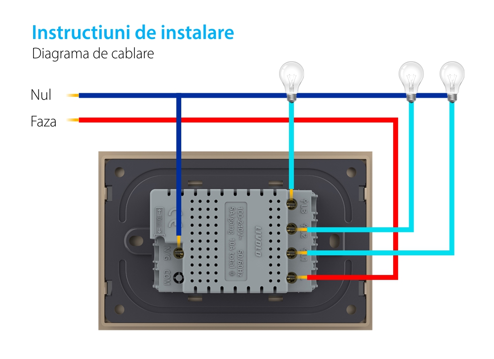 Intrerupator Triplu WIFI cu Touch LIVOLO din Sticla, standard Italian – Serie Noua