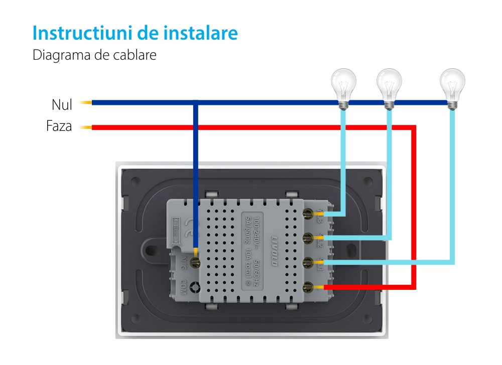 Intrerupator Triplu Wi-Fi cu Touch LIVOLO, standard italian – Serie Noua, Alb