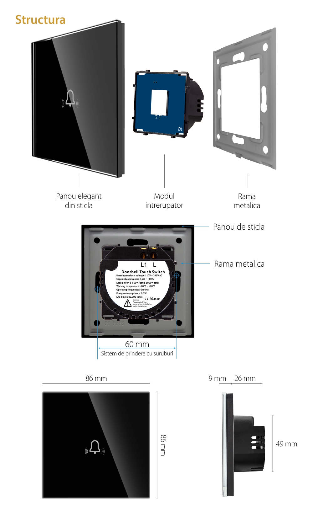 Buton Sonerie cu Touch din Sticla LUXION