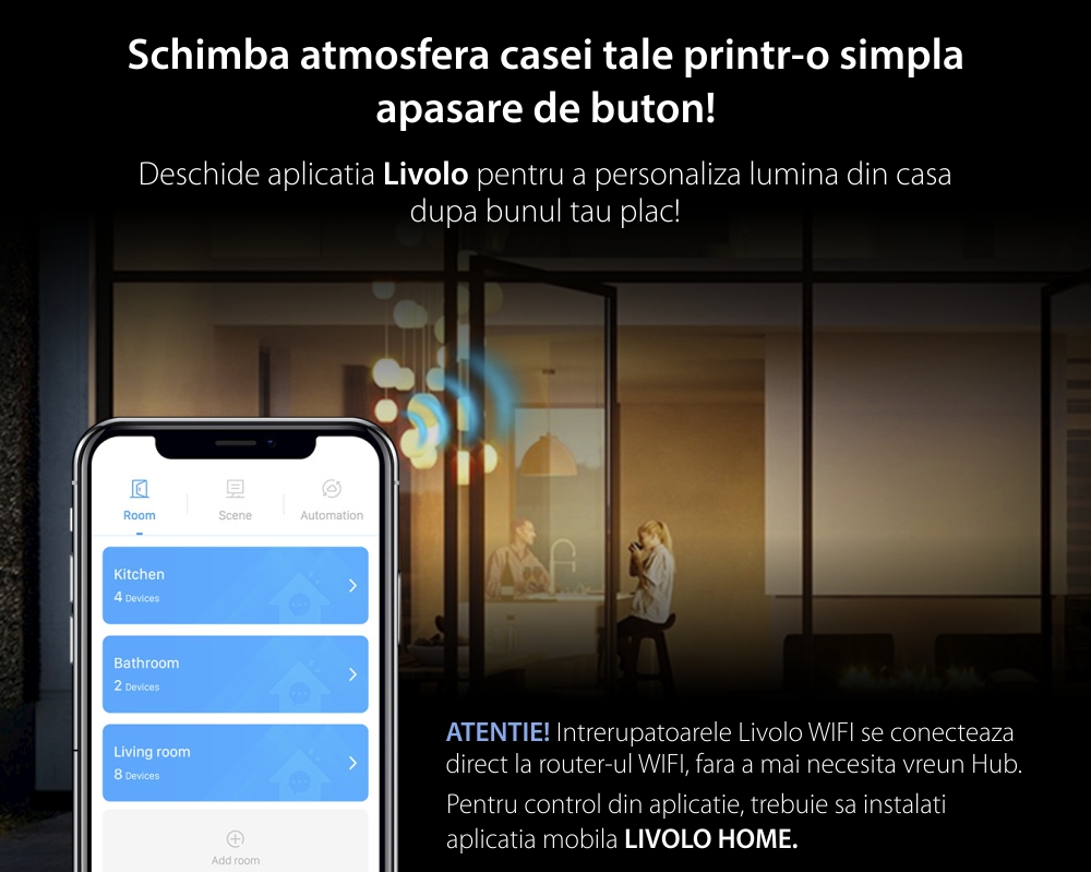 Intrerupator Triplu Cap Scara / Cruce Wi-Fi cu Touch LIVOLO, standard italian – Serie Noua, Alb