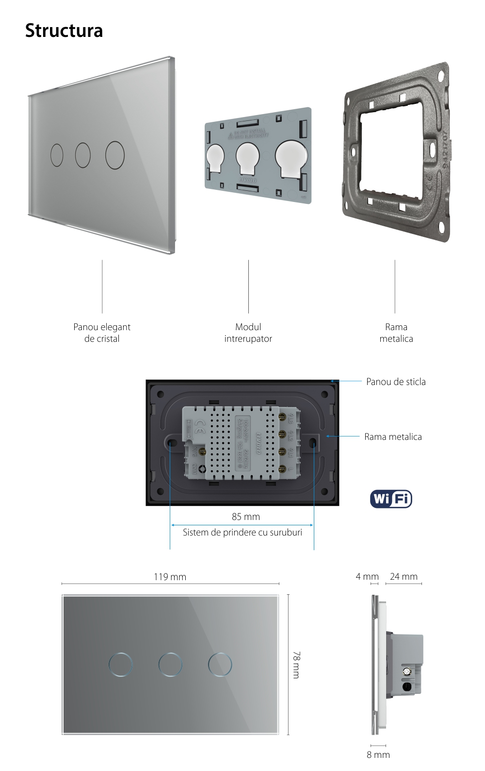 Intrerupator Triplu WIFI cu Touch LIVOLO din Sticla, standard Italian – Serie Noua