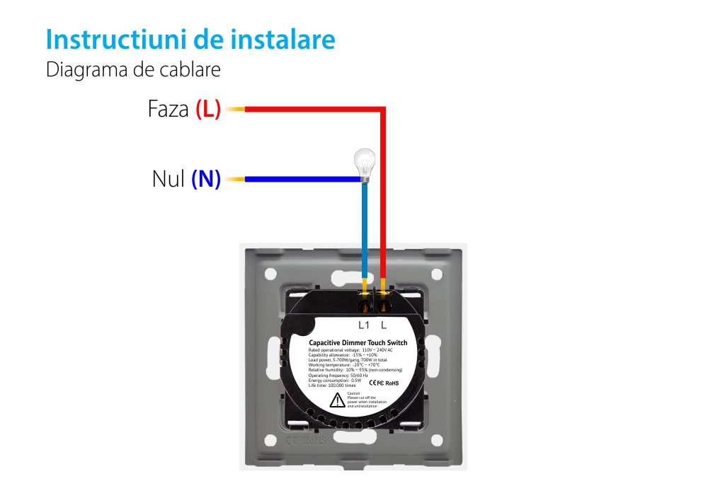 Intrerupator Simplu cu Variator cu Touch din Sticla si Rama de Aluminiu LUXION