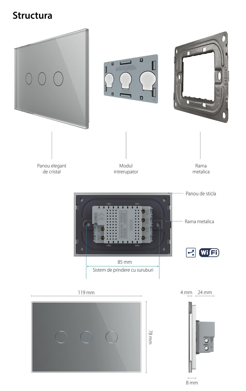 Intrerupator Triplu Cap Scara / Cruce Wi-Fi cu Touch LIVOLO, standard italian – Serie Noua