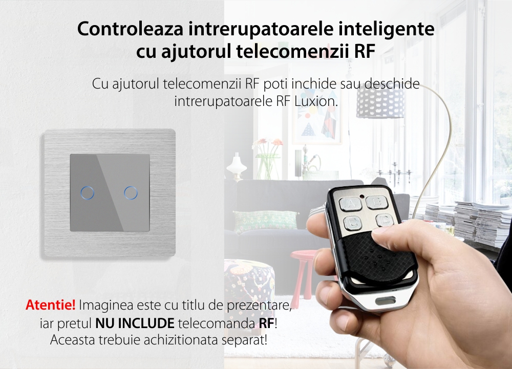 Intrerupator Dublu Cap Scara / Cruce cu Touch din Sticla si Rama de Aluminiu LUXION, RF433