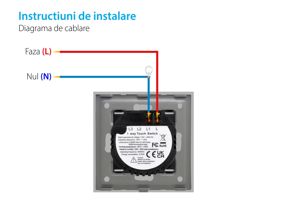 Intrerupator Simplu cu Touch din Sticla si Rama de Aluminiu LUXION, 500W