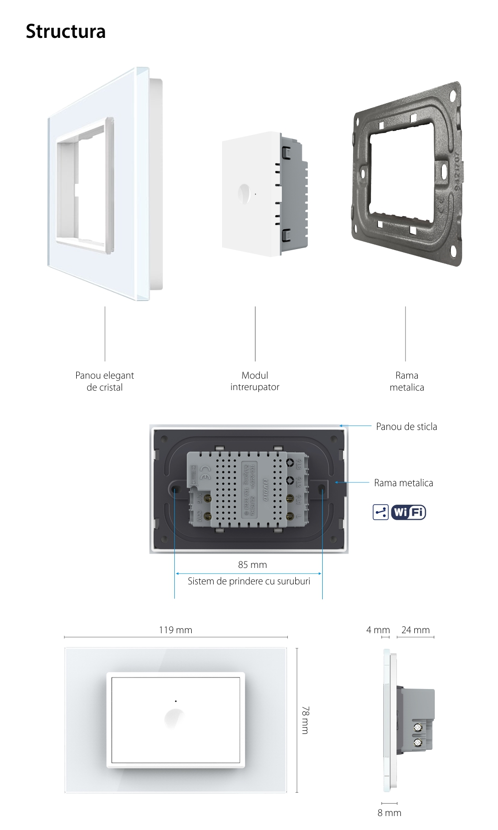 Intrerupator Simplu Cap Scara / Cruce Wi-Fi cu Touch LIVOLO cu Rama din Sticla, standard italian – Serie Noua