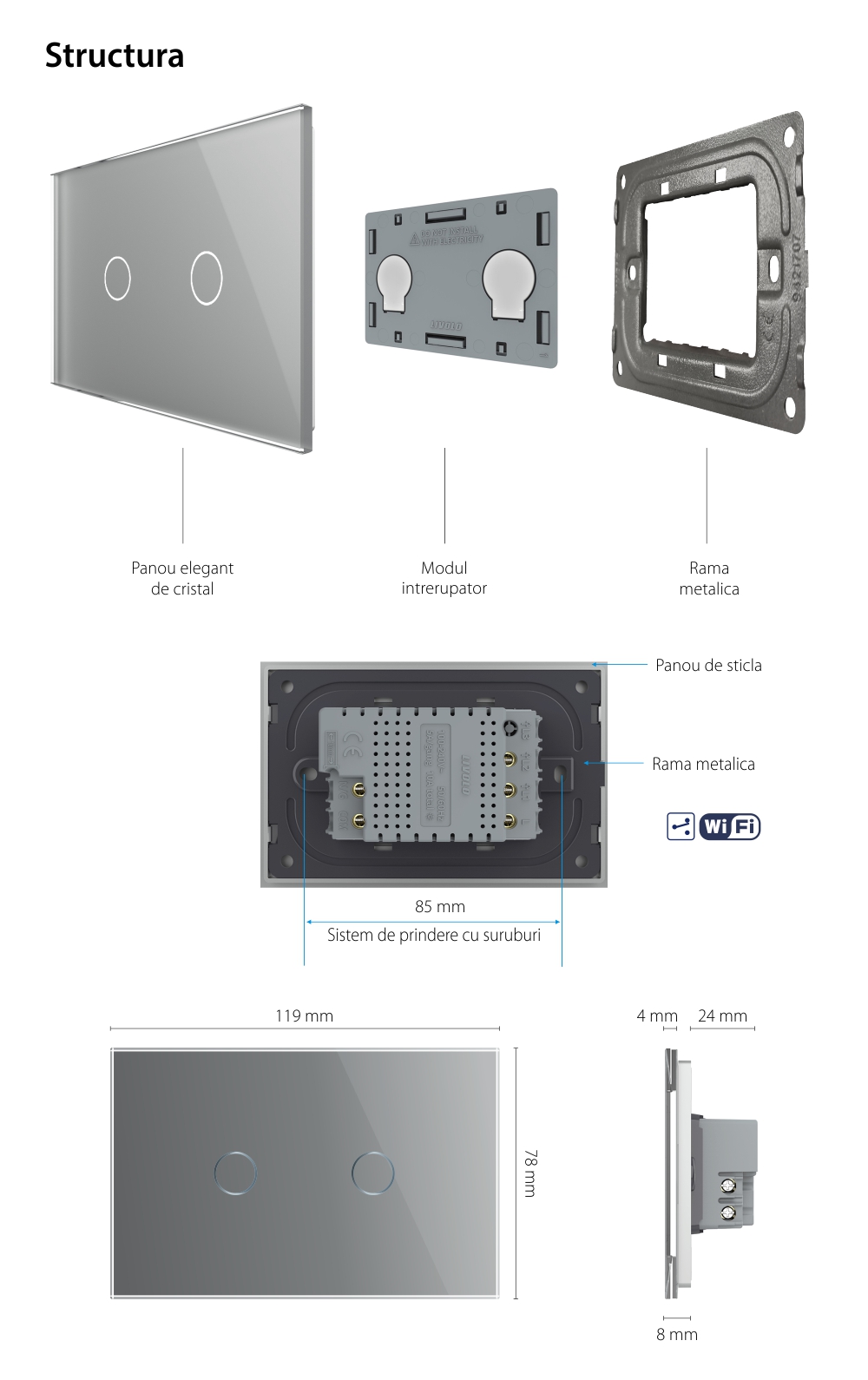 Intrerupator Dublu Cap Scara / Cruce Wi-Fi cu Touch LIVOLO, standard italian – Serie Noua