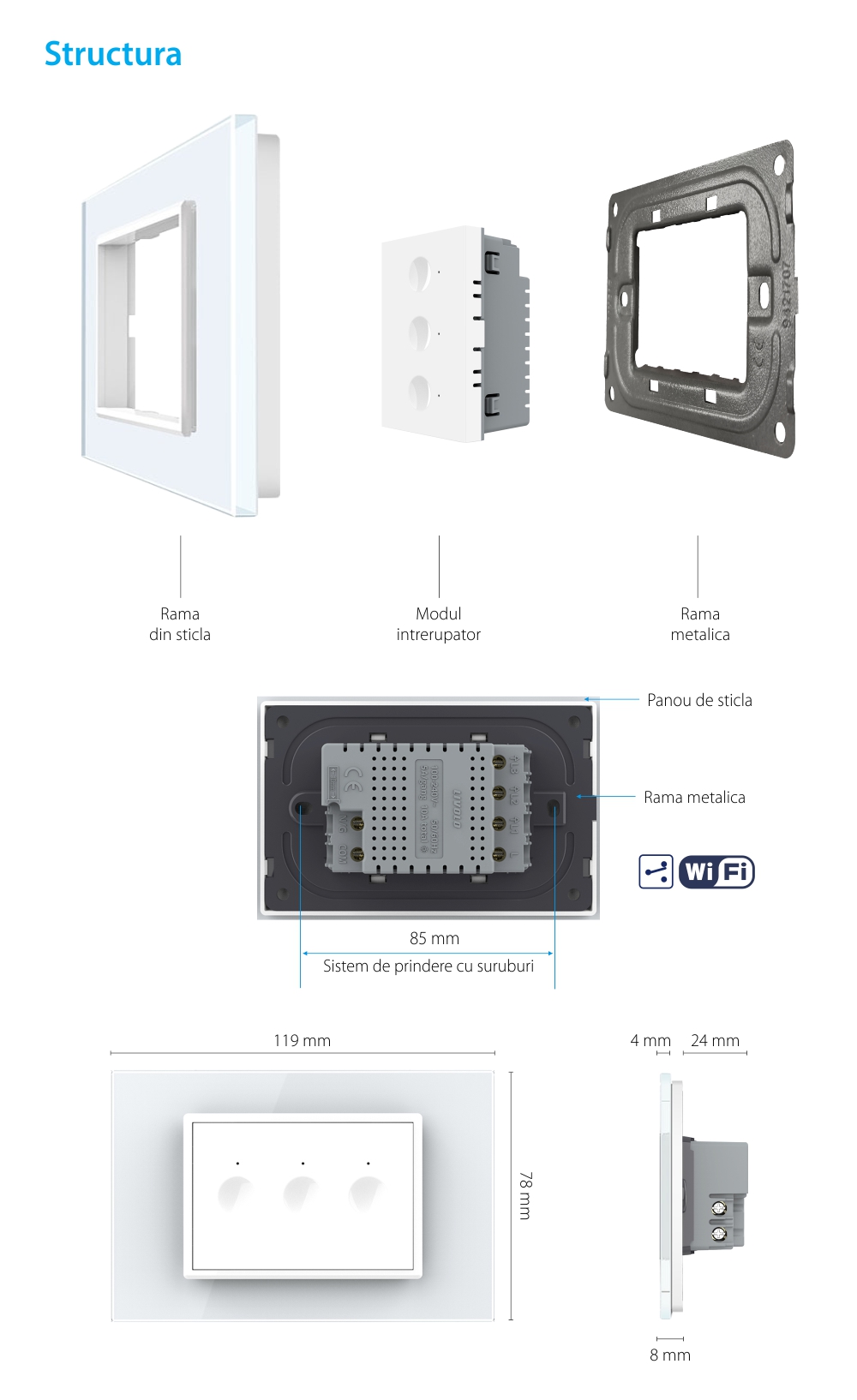 Intrerupator Triplu Cap Scara / Cruce Wi-Fi cu Touch LIVOLO, standard italian – Serie Noua, Alb