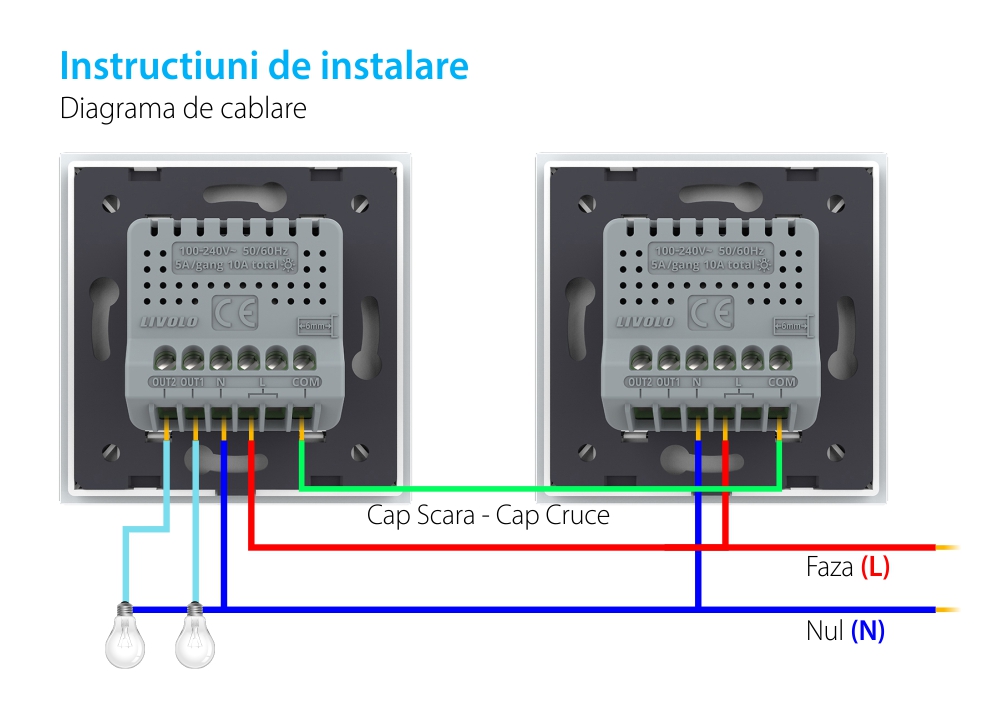 Intrerupator Dublu Cap Scara / Cruce Wi-Fi cu Touch LIVOLO – Serie Noua, Alb