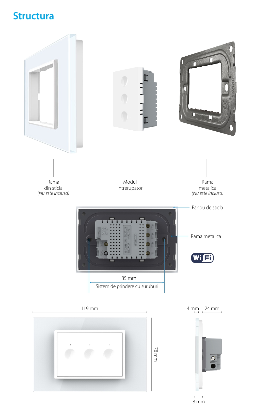 Modul Intrerupator Triplu WIFI cu Touch LIVOLO, standard italian – Serie Noua, Alb