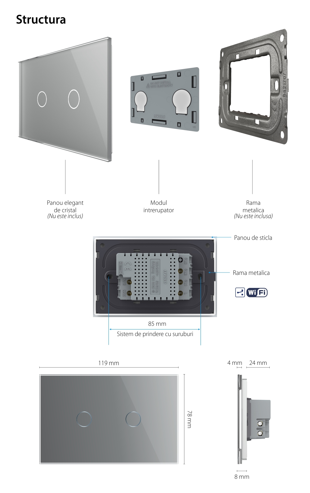 Modul Intrerupator Dublu Cap Scara / Cruce Wi-Fi cu Touch LIVOLO, standard italian – Serie Noua