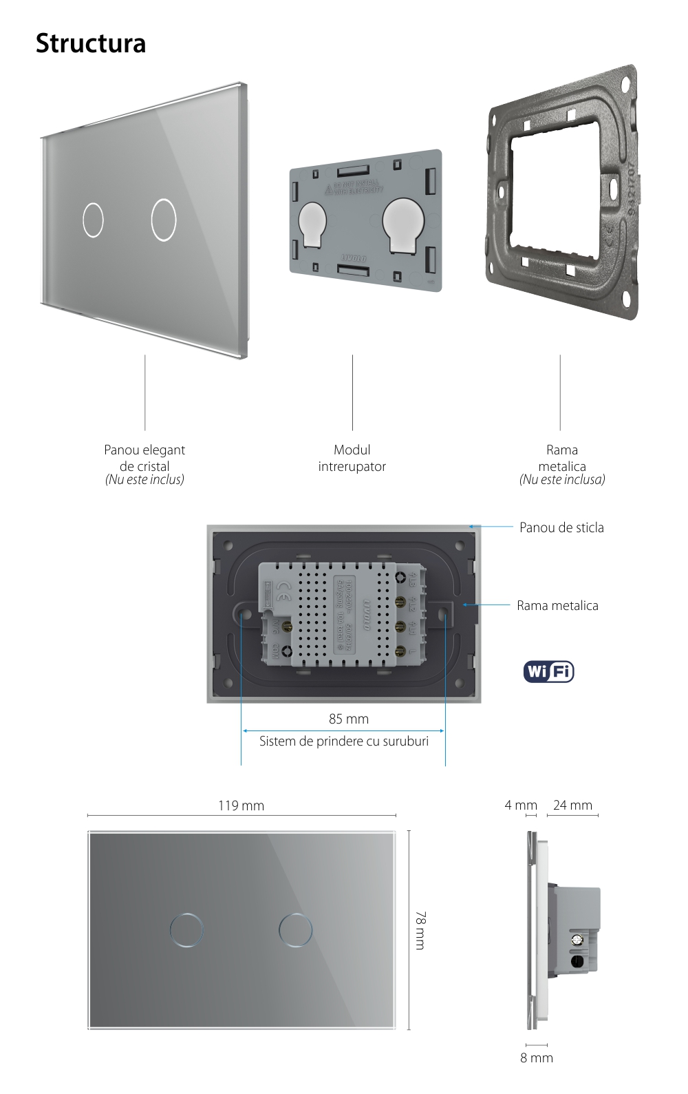 Modul Intrerupator Dublu WIFI cu Touch LIVOLO, standard italian – Serie Noua