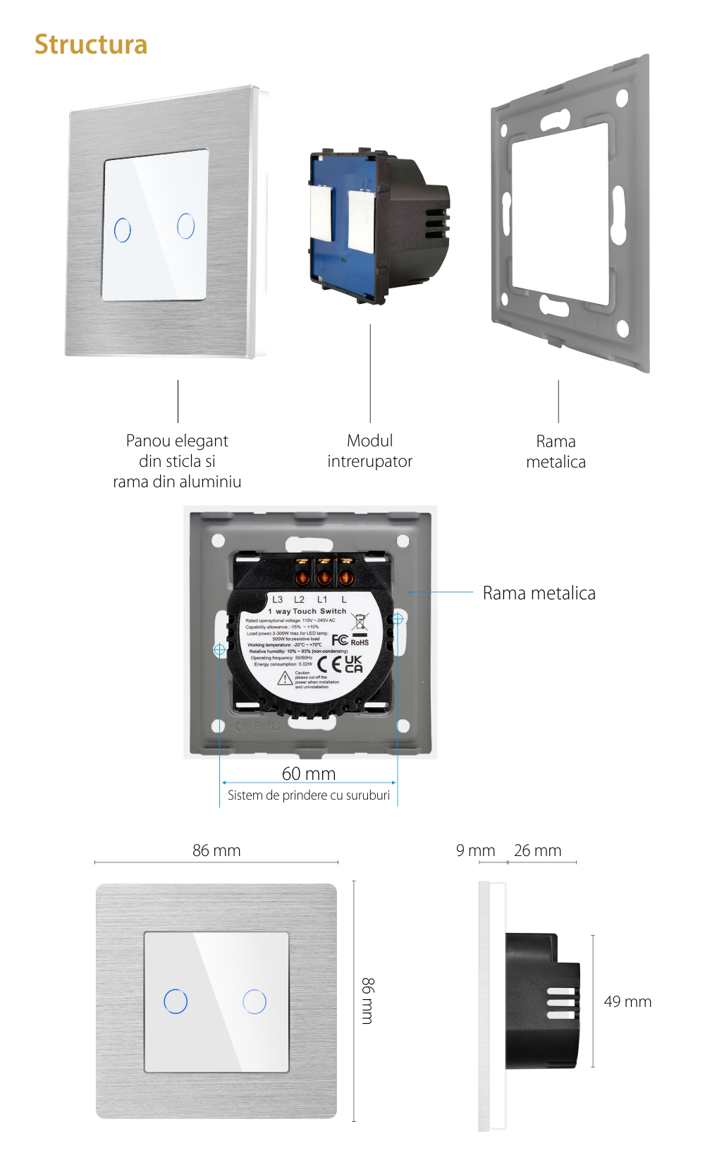 Intrerupator Dublu cu Touch din Sticla si Rama de Aluminiu LUXION, 500W