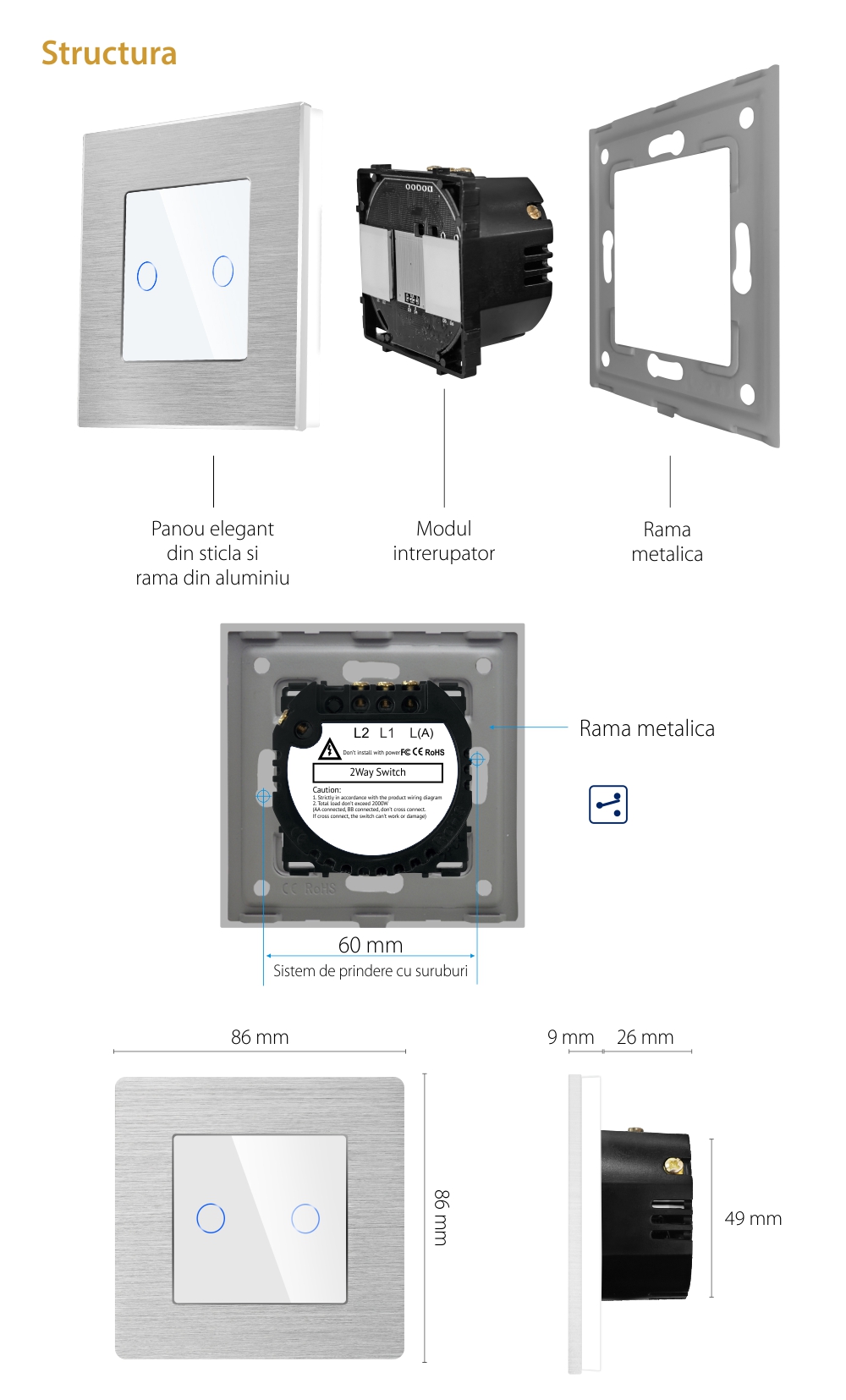 Intrerupator Dublu Cap Scara / Cruce cu Touch din Sticla si Rama de Aluminiu LUXION