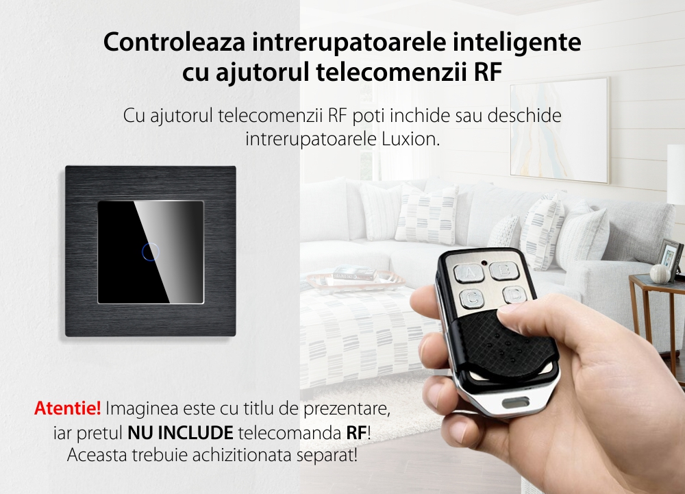 Intrerupator Simplu Cap Scara / Cruce cu Touch din Sticla si Rama de Aluminiu LUXION, RF433