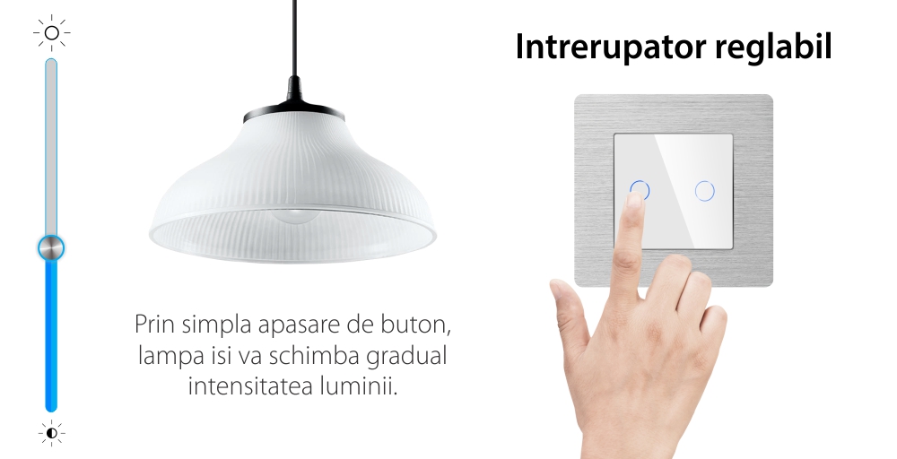 Intrerupator Dublu cu Variator si Touch din Sticla si Rama de Aluminiu LUXION, RF433