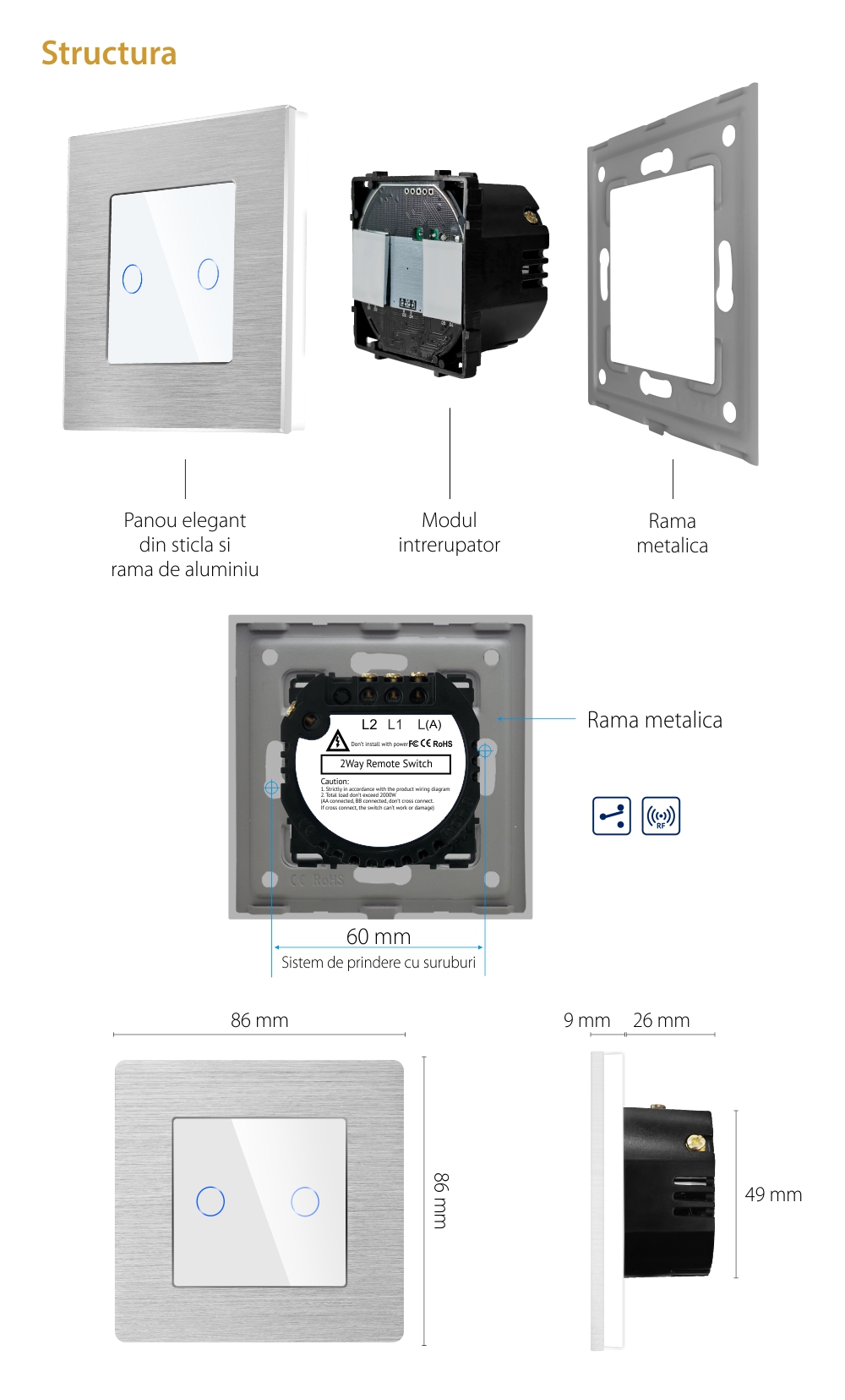 Intrerupator Dublu Cap Scara / Cruce cu Touch din Sticla si Rama de Aluminiu LUXION, RF433