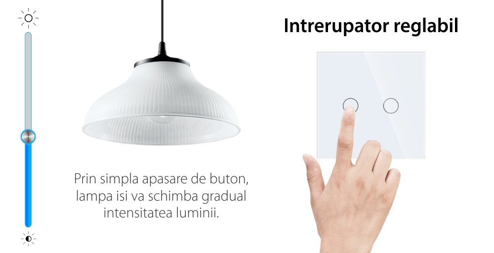 Intrerupator Dublu cu Variator si Touch din Sticla LUXION, RF433