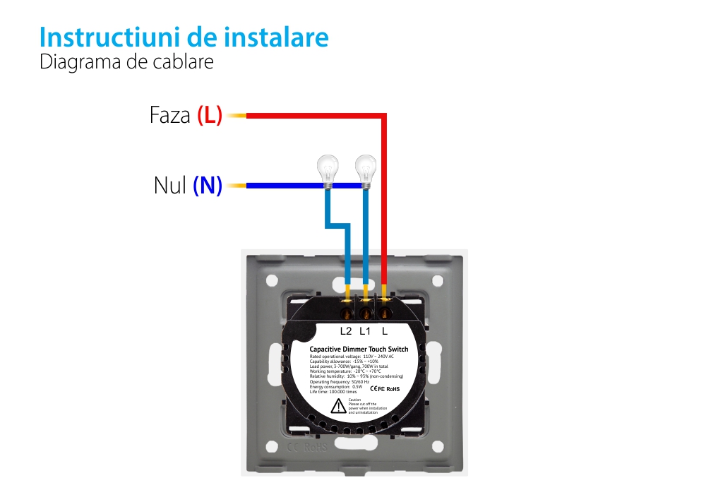 Intrerupator Dublu cu Variator si Touch din Sticla LUXION