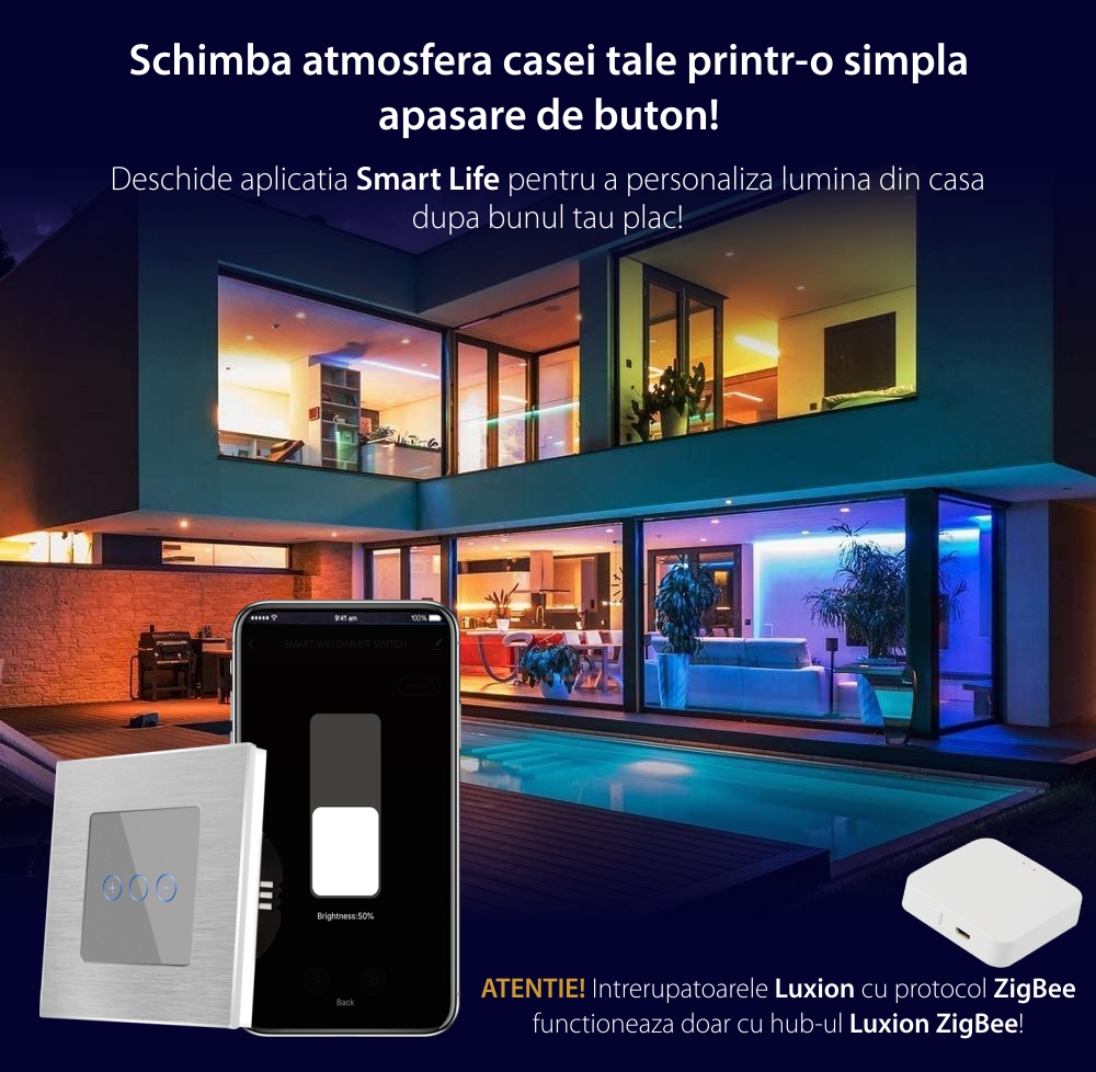 Intrerupator Simplu cu Variator cu Touch din Sticla si Rama de Aluminiu LUXION, protocol Zigbee