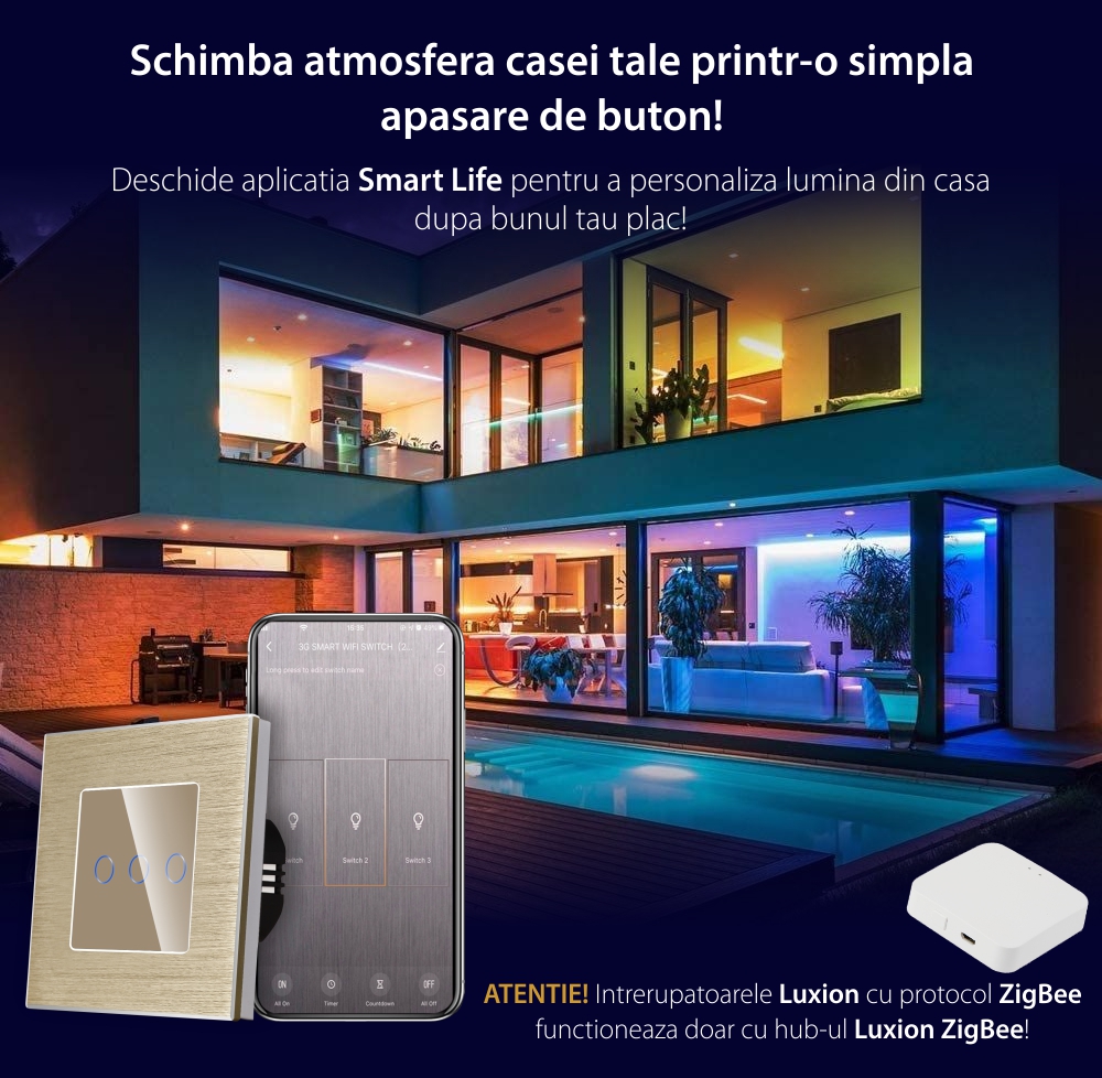 Intrerupator Triplu cu Touch din Sticla si Rama de Aluminiu LUXION, Protocol ZigBee