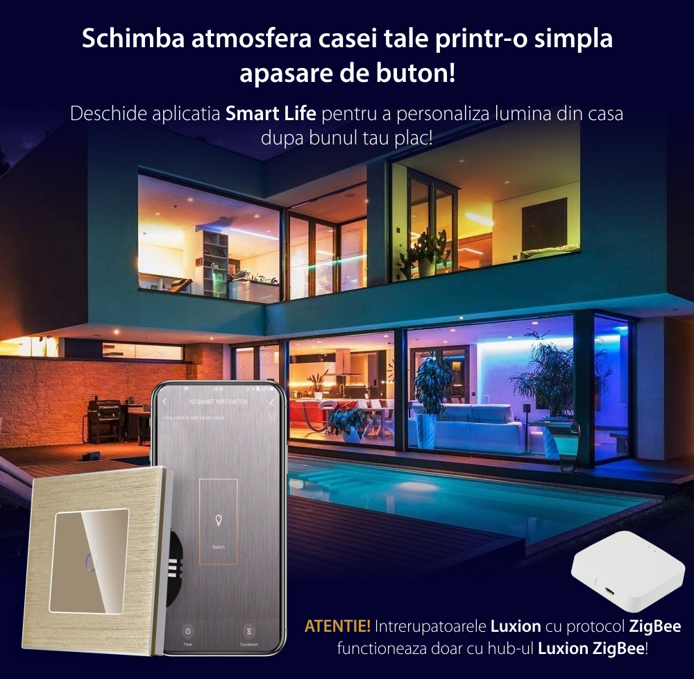 Intrerupator Simplu cu Touch din Sticla si Rama de Aluminiu LUXION, protocol Zigbee