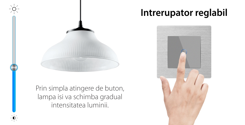 Intrerupator Simplu cu Variator cu Touch din Sticla si Rama de Aluminiu LUXION, RF433