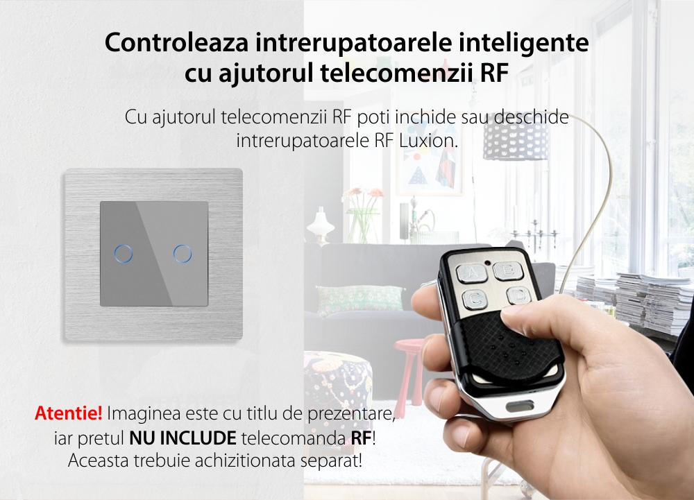 Intrerupator Dublu cu Variator si Touch din Sticla si Rama de Aluminiu LUXION, RF433