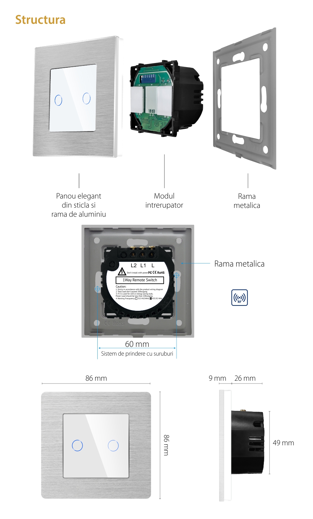 Intrerupator Dublu cu Touch din Sticla si Rama de Aluminiu LUXION, RF433