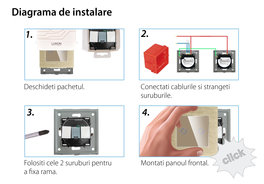 Intrerupator Dublu Cap Scara / Cruce cu Touch din Sticla si Rama de Aluminiu LUXION, RF433