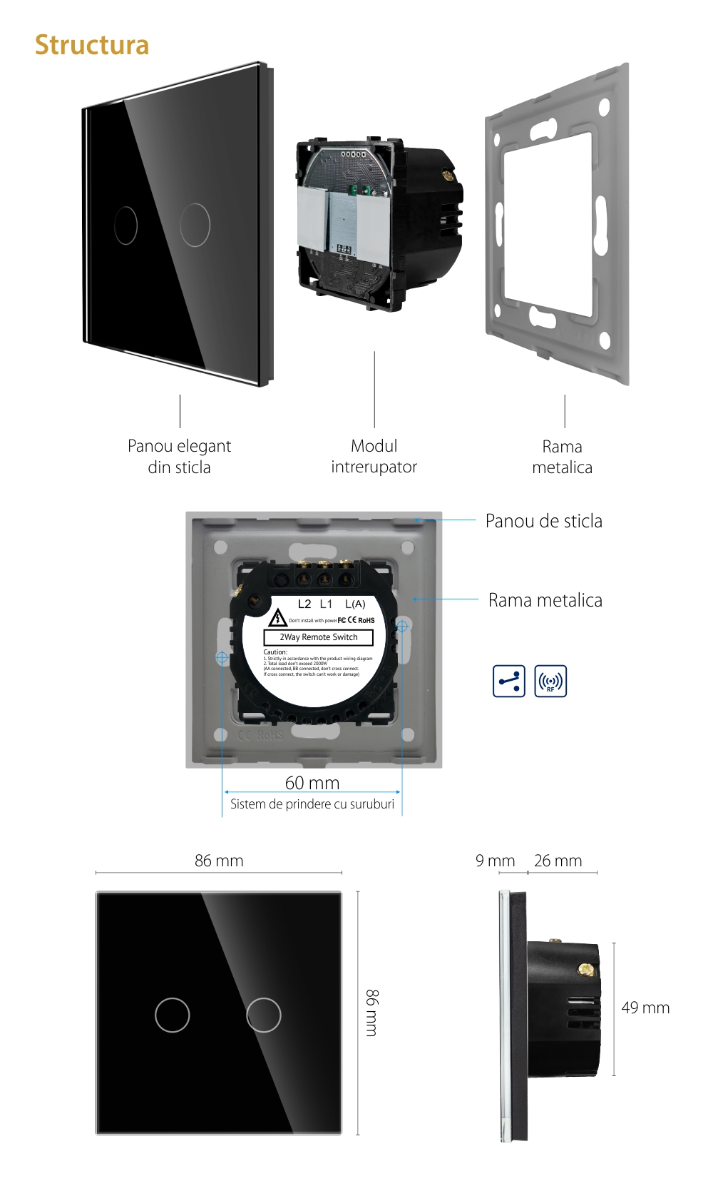 Intrerupator Dublu Cap Scara cu Touch din Sticla LUXION, RF433