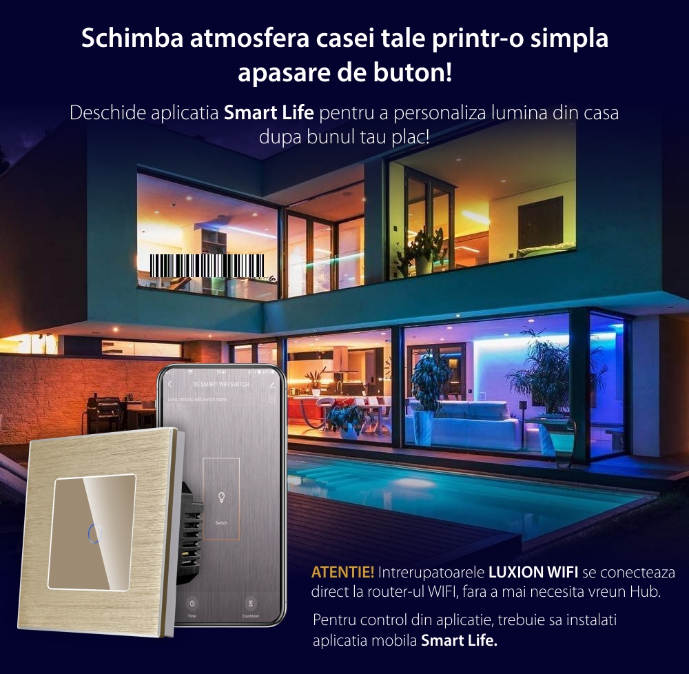 Intrerupator Simplu Wi-Fi cu Touch din Sticla si Rama de Aluminiu LUXION