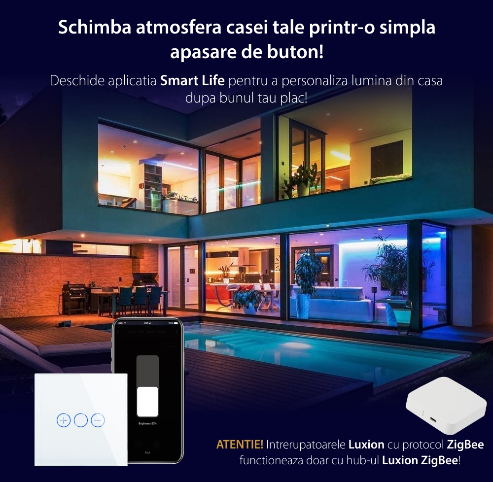 Intrerupator Simplu cu Variator cu Touch din Sticla LUXION, protocol Zigbee