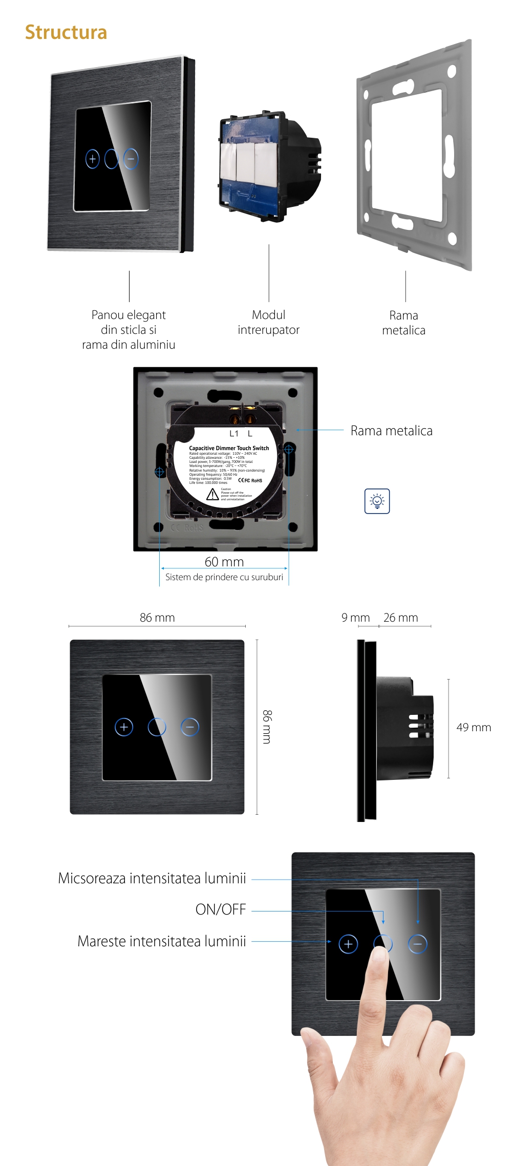 Intrerupator Simplu cu Variator cu Touch din Sticla si Rama de Aluminiu LUXION