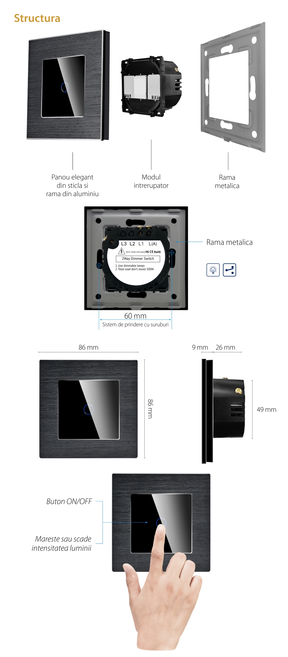 Intrerupator Simplu cu Variator Cap Scara / Cruce cu Touch si Rama din Aluminiu LUXION