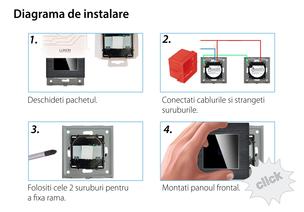 Intrerupator Simplu Cap Scara / Cruce cu Touch din Sticla si Rama de Aluminiu LUXION, RF433