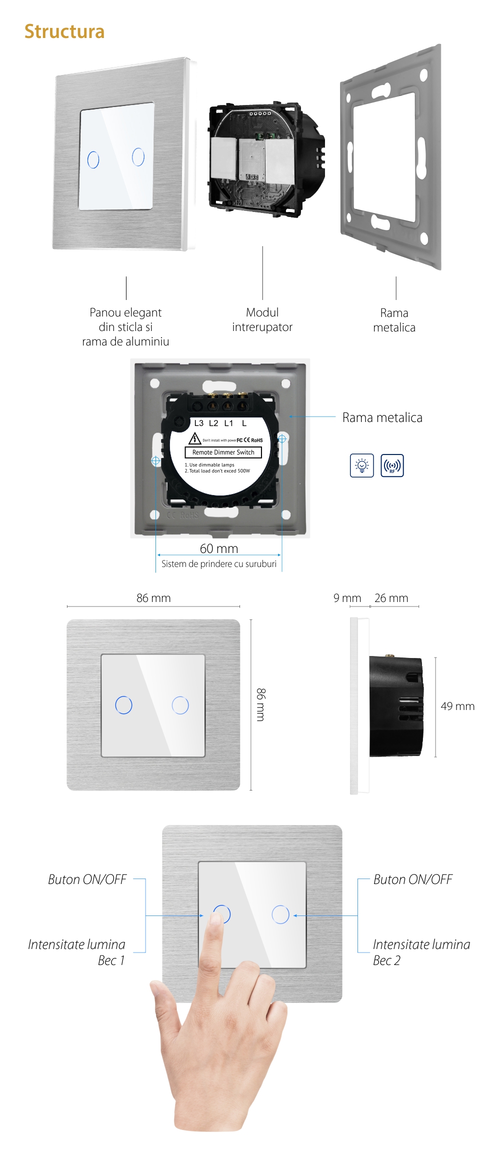 Intrerupator Dublu cu Variator si Touch din Sticla si Rama de Aluminiu LUXION, RF433