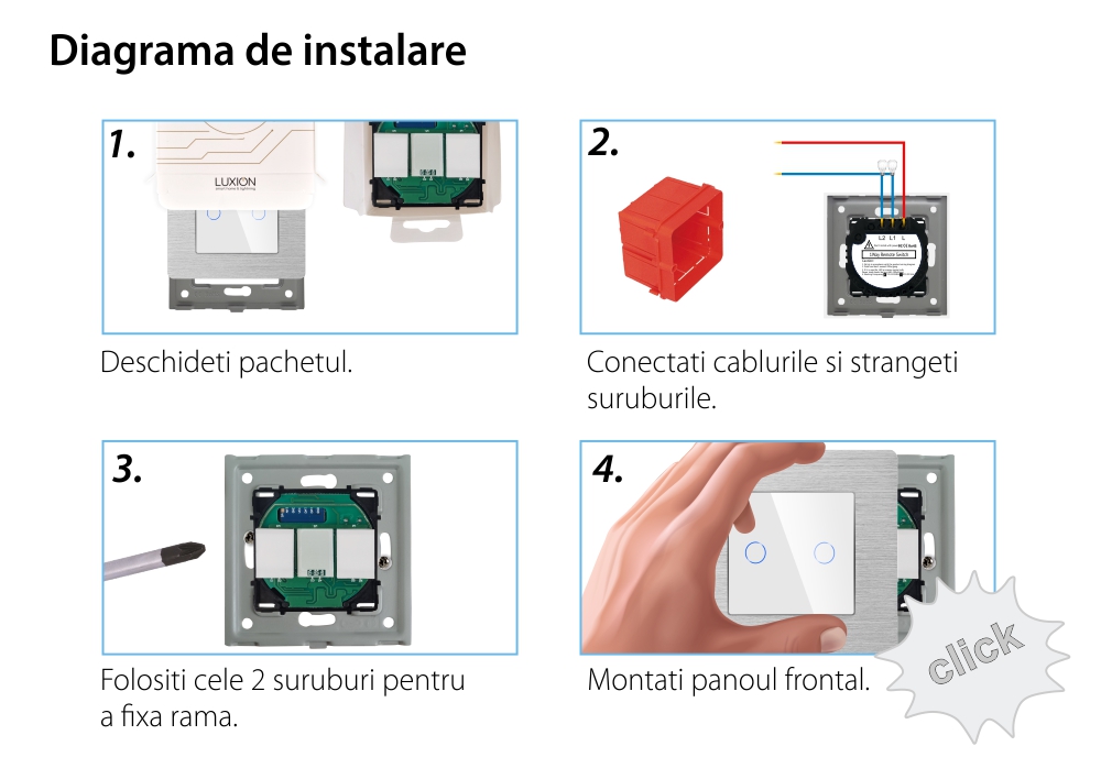 Intrerupator Dublu cu Touch din Sticla si Rama de Aluminiu LUXION, RF433