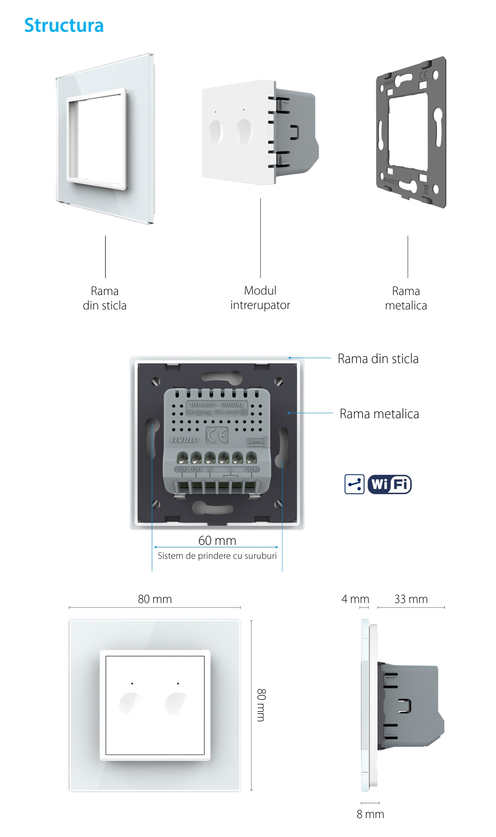 Intrerupator Dublu Cap Scara / Cruce Wi-Fi cu Touch LIVOLO – Serie Noua, Alb