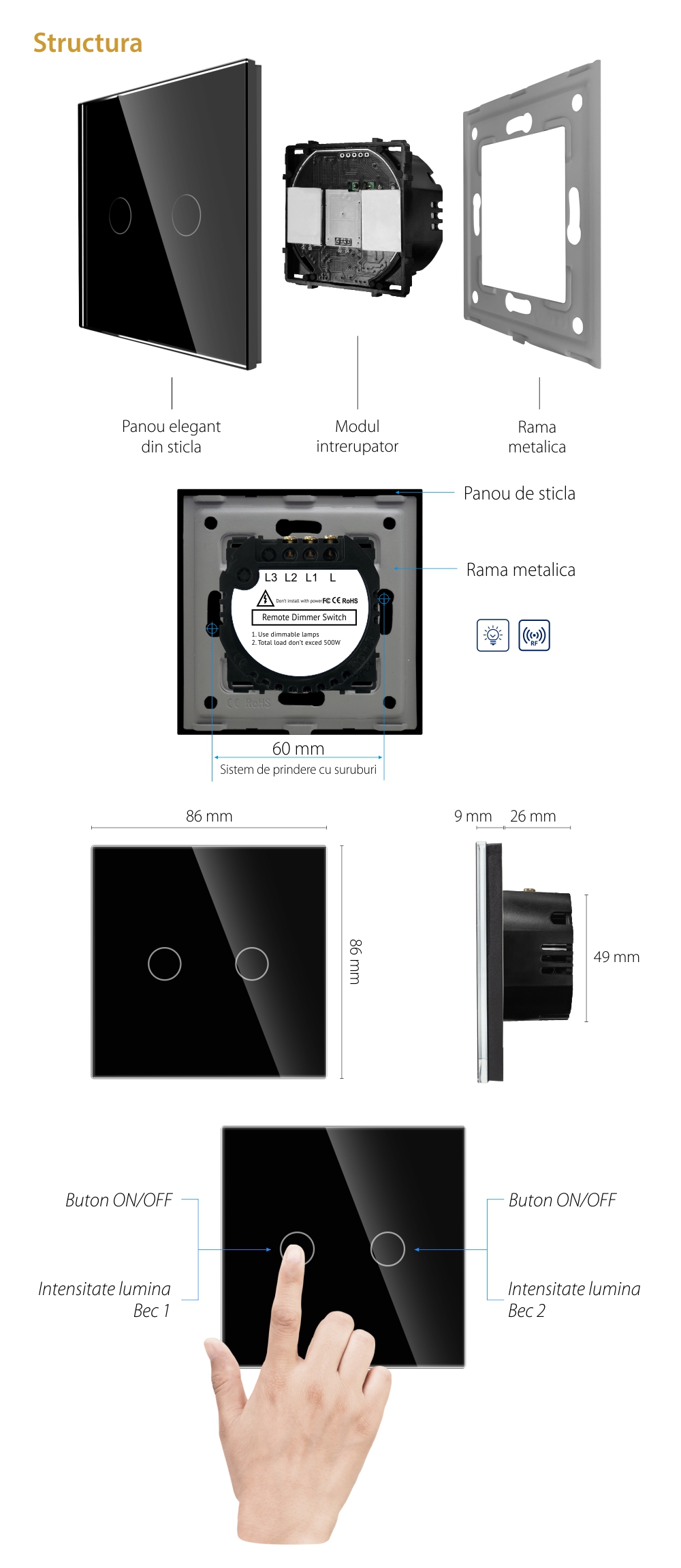 Intrerupator Dublu cu Variator si Touch din Sticla LUXION, RF433