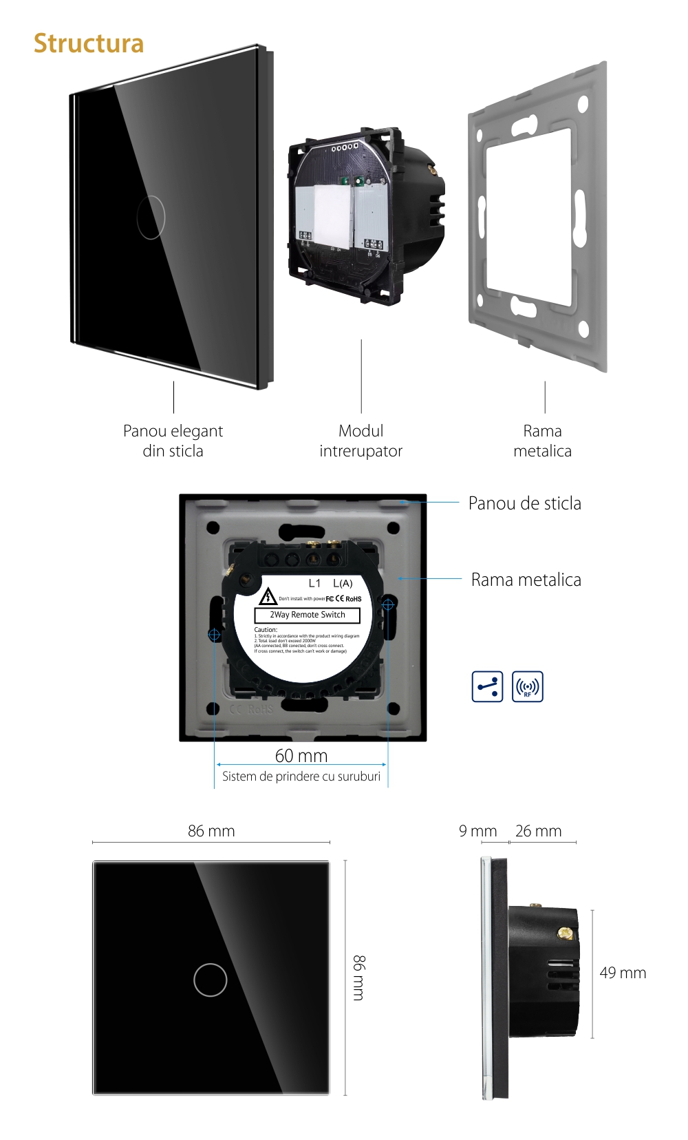 Intrerupator Simplu Cap Scara / Cruce RF433 cu Touch din Sticla LUXION