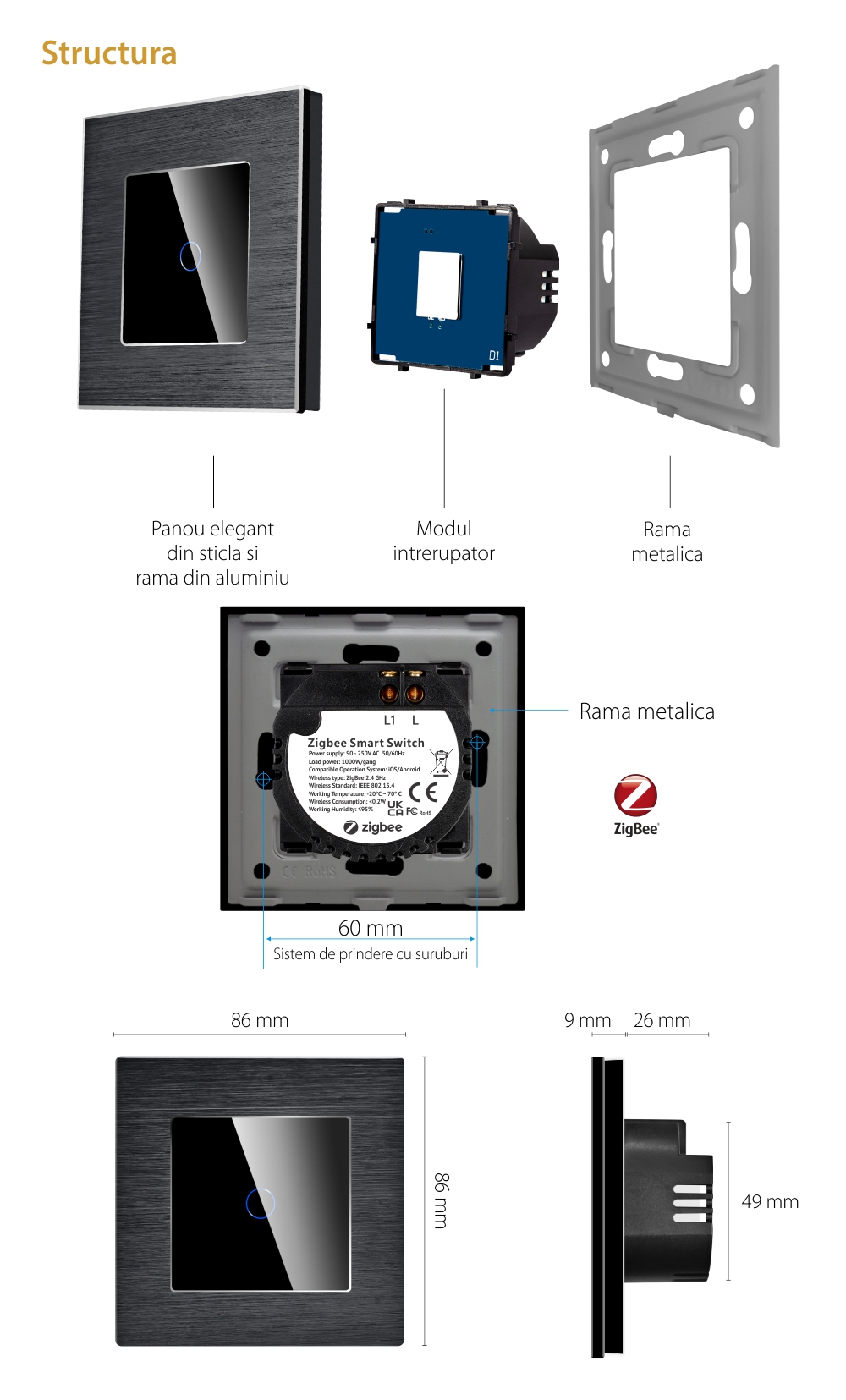 Intrerupator Simplu cu Touch din Sticla si Rama de Aluminiu LUXION, protocol Zigbee