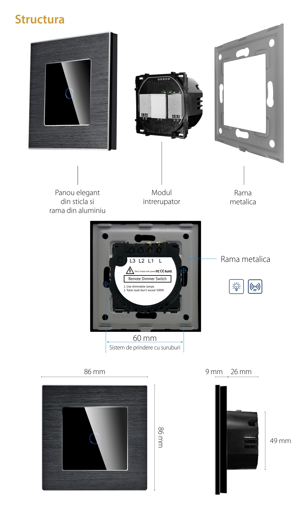 Intrerupator Simplu cu Variator cu Touch din Sticla si Rama de Aluminiu LUXION, RF433