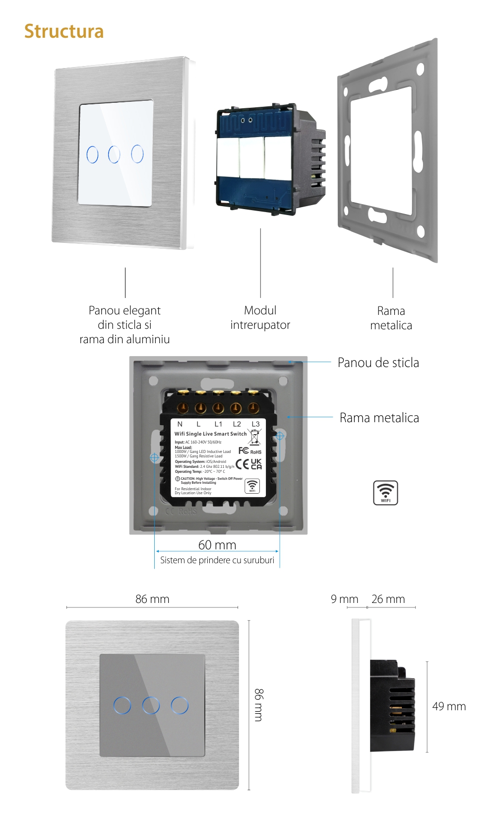 Intrerupator Triplu Wi-Fi cu Touch din Sticla si Rama de Aluminiu LUXION