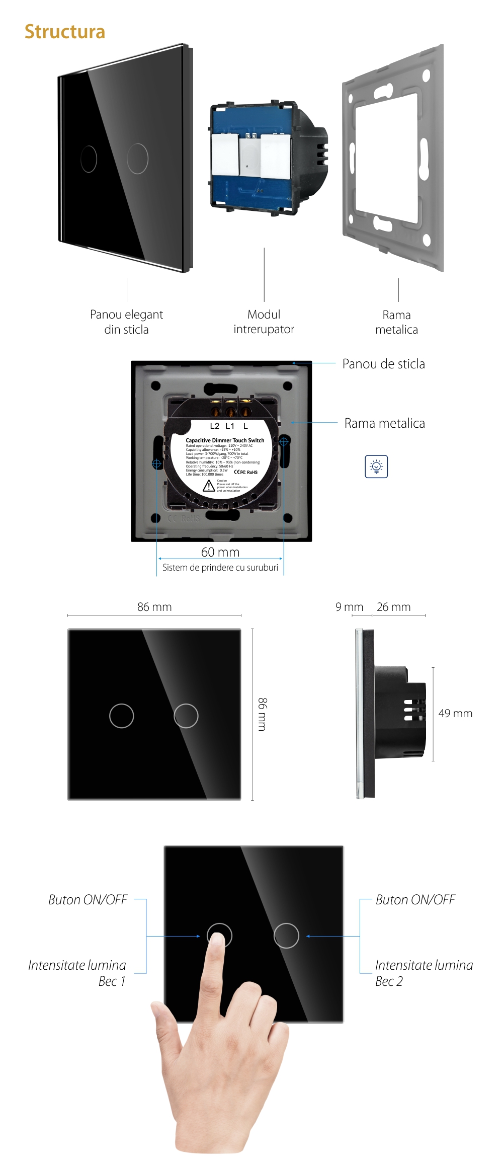 Intrerupator Dublu cu Variator si Touch din Sticla LUXION