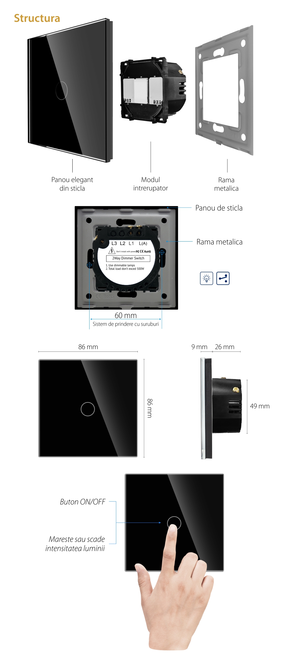 Intrerupator Simplu cu Variator Cap Scara / Cruce cu Touch din Sticla LUXION